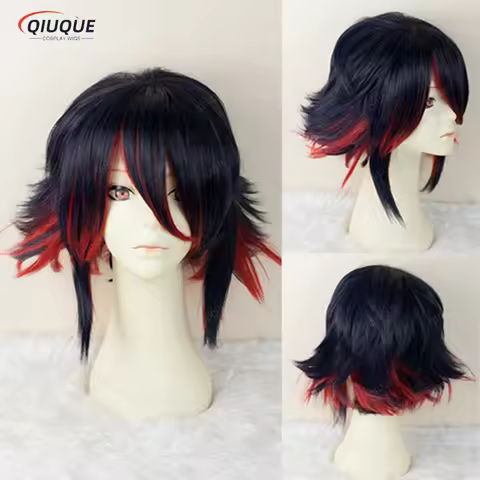 Anime KILL la KILL Matoi Ryuko Short Blue And Red Heat Resistant Hair Cosplay Costume Wig + Free Wig