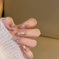 100% HANDMADE Artificial Nail Oval Shape Tea Brown Cloud White Smudged Fake Nail Phototherapy Nails 