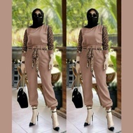 Jumpsuit Motif Tutul Jaguar Paket Baju Setelan Wanita Muslim Casual