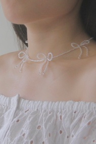 泡泡蝴蝶結 白水晶日本米珠項鍊