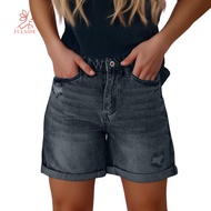 fulaide- Women High-waisted Denim Shorts Short Summer Style Denim Shorts Women’s High Waist Ripped D