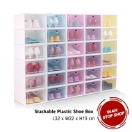 Stackable Plastic Shoe Box with Lid, Transparent &amp; Colourful Foldable Storage Box, Rak Kotak Kasut Stylish (READY STOCK)
