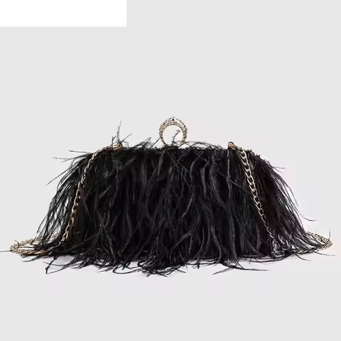 Fashion Ostrich Fuax Fur Feather Wallet Clutch Bag Ladies Diamond Knuckle Rings Dinner Party Wedding