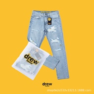 Drew house Justin Bieber smiley patch hole loose straight wide leg jeans men