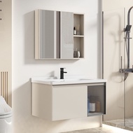 FLASH 60/70/80cm Cream Aluminum Bathroom Sinks Cabinet Basin Set Ceramic Lavatory Sink with Mirror Fcuacet奶白色浴室柜带水槽浴室镜柜