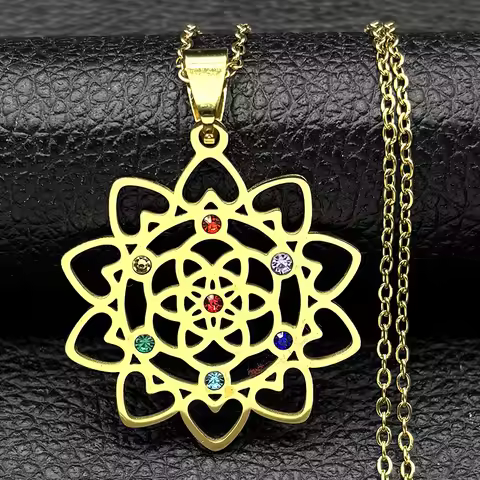 Sacred Geometry 7 Chakra Metatron Heart Necklace Flower of Life Stainless Steel Opal Stone Necklace 