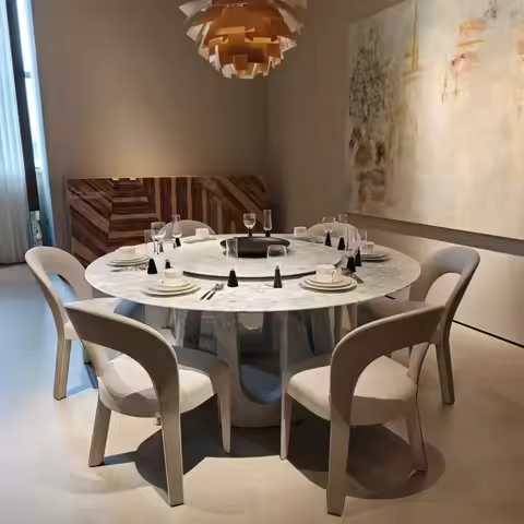 Modern Apartment Dining Room Furniture Nature Round Design Calacatta Blue Marble Table Set for 6 Mov