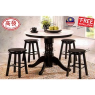 Kopitiam Table + 4 Wooden Stool 3FT Marble Round Table Round With Wooden 4 Stool / Meja Makan / Meja Kopitiam Dining Set