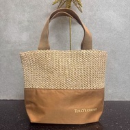 日本 TULLY'S COFFEE 啡色藤織拼尼龍布 手挽袋