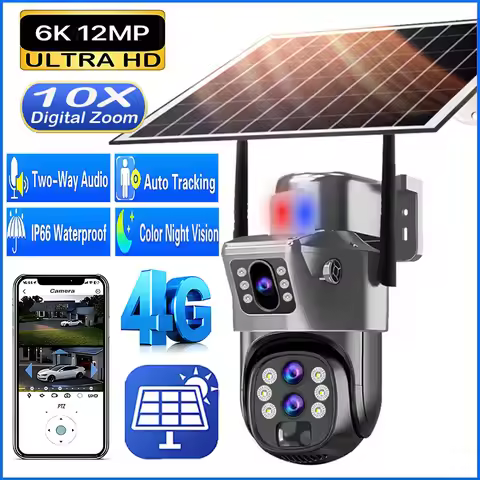 Solar Camera Outdoor 4G SIM Card 12MP 6K Three Lens 10X Zoom Security Surveillance Cameras Auto Trac