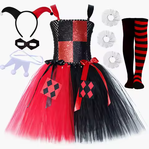 Clown Harley Costume for Girls Red Black Villains Killer Monster Joker Tutu Dress Kids Halloween Car