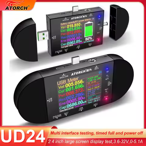 UD24 2.4"inch USB tester DC5.5 Type-C digital voltmeter ammeter power bank voltage detector volt QC