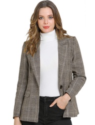 Women's Notched Lapel One Button Boyfriend Blazer Suit Plaid Blazer Jacket