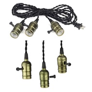 Bronze Vintage Pendant Light Kit - 3 Light Plug-in Fixture with Twisted Black Cloth Cord & E26/E27 S