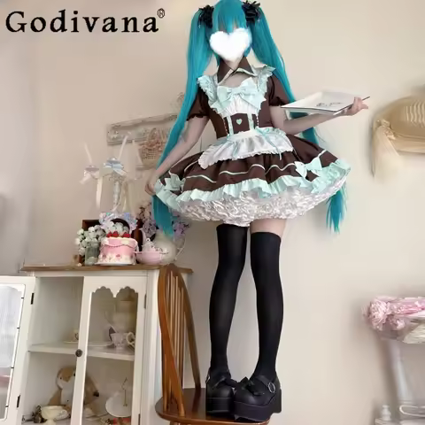 IMU Japanese Lolita Maid Dress Set Women Sweet Apron Bow Puff Sleeve Halloween Cosplay Costumes Part