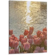 Pink Tulips Sunset Lake Canvas, Romantic Spring Flower Wall Art Unframe-style 16x20inch(40x50cm)