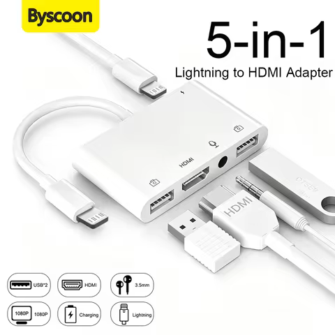 Lightning to HDMI Adapter for iPhone to TV Dual USB OTG Adapter with Microphone Input for Live-Strea