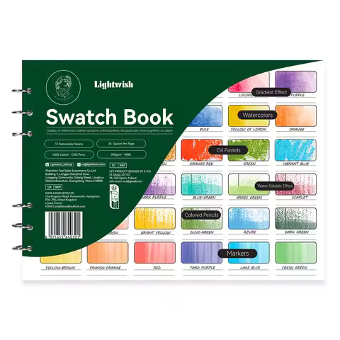 LIGHTWISH Watercolor Swatch Book - 12 Detachable 100% Cotton Sheets 36 Spaces, 300gsm/140lb for Wate