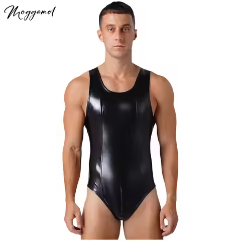 Mens Shiny Metallic Leather Thongs Bodysuit Sleeveless Bulge Pouch Back Zipper One-piece Leotard Jum