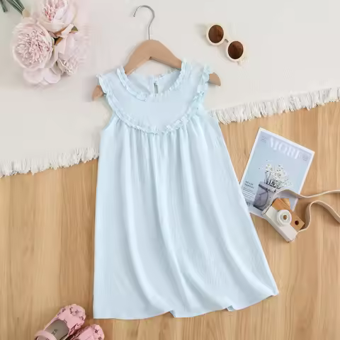 Europe and America Girls Dresses Summer Pleated Lace Neck Blue Casual Dress