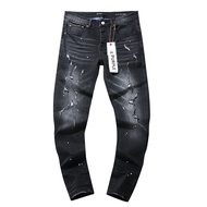 24SS Cross-border European And American Trendy Brand Purple Splashed Ink Torn Washed Denim Trousers