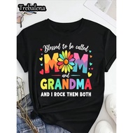 Women s cotton Cotton T Shirt Blessed to be Called Mom Grandma I Rock Them Both Floral Print Round