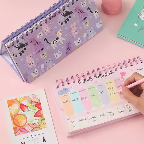 Cute Cat Weekly Planner Desk Calendar 52 Weeks with To-Do List Notes Important Reminders Spiral-Boun