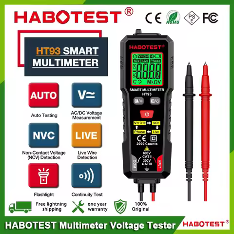 HABOTEST HT93 Smart Multimeter Voltage Tester 2000 Counts AC/DC Volt Meter True RMS NCV Phase Test A