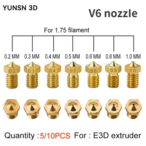 5/10PCS E3DV6 Threaded Nozzle Brass 0.2 0.3 0.4 0.5 0.6 0.8 1.0mm for Extruder V5 V6 Anycubic I3 Meg