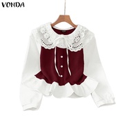 VONDA Women's Korean Style Lace Collar Blouse with Lace-Up Bows and Contrasting Colors