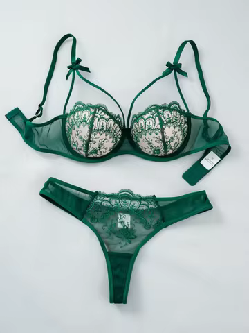2-piece Women's Lingerie Sets Women's Green Comfortable Lightweight Bow Semi Transparent Lingerie Se