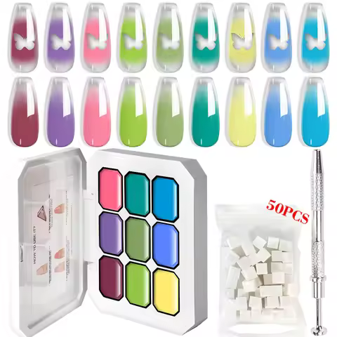 LIMEGIRL 7IN1 Gradient Painting Gel Kit 9 Grid Gradient Color Solid Nail Polish with 50pcs Sponge Na