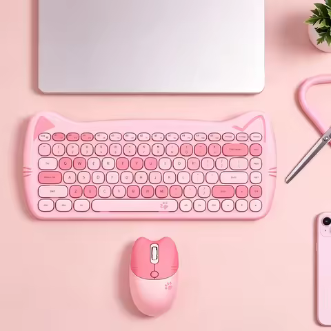 GEEZER Pink Cat Ear Wireless Keyboard Mouse Combo, Cute Silent Round Keycaps for Girls Office, US QW