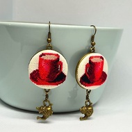 咖啡杯刺繡耳環紅杯十字繡首飾配茶壺吊飾手工製作的禮物送給她