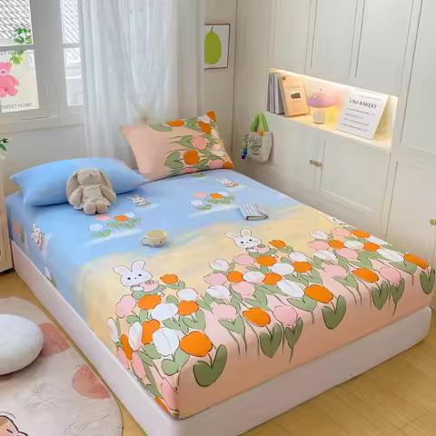Washed Cotton Cartoon Rabbit Print Elastic Sheet 200X220 Queen Fitted Sheet Non-Slip Bed Cover Child
