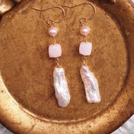14KGF 粉紅蛋白石 珍珠 長型耳環 天然石 Pink Opal earrings