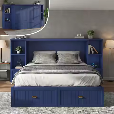 Full Size Murphy Bed with Bede Tables & Charging Station | Cabinet Bed with 3 Storage Drawers & Shel