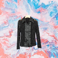 Second-Hand JOE'S CLUB Made in Hong Kong Black Transparent Lace Jacquard Pleated Satin Elastic Light