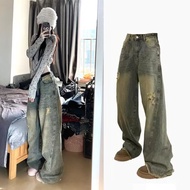 Taiwan Shipping Jeans Women American Retro Ripped Wide-Leg Men Autumn ins Loose Slimmer Look Raw Edg