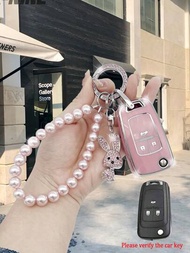 高端珍珠＆白鑽石＆粉色兔子鑰匙扣+時尚汽車鑰匙保護套+鑰匙扣套裝為雪佛蘭 Cruze、別克 Excelle、馬魯斯 Xl、科巴特、trailblazer 設計女性專屬