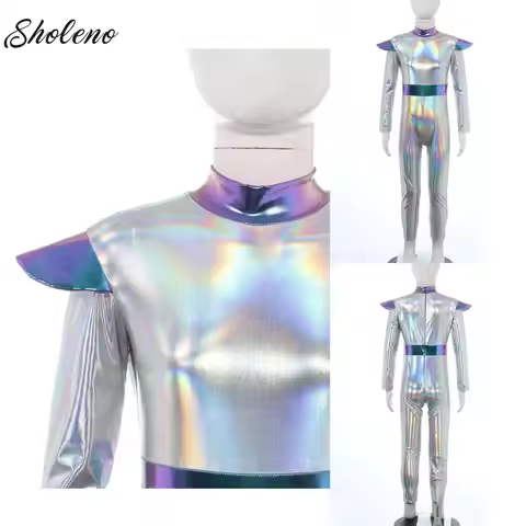 Kids Alien Cosplay Halloween Costume Shiny Bodysuit Astronaut Tech Theme Party Outfit Role Play Jump