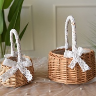 Hand Crafts Weaving Flower Basket Rattan Storage Basket Flower Girl Lace Bow Hand Basket Handmade Fl