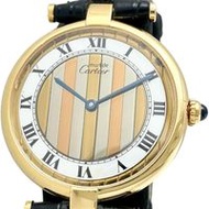 二手卡地亞/Cartier 590003 Must Vendôme Trinity腕錶，男士，925銀錶殼/皮革/鍍金石英機芯，金色錶盤/非原廠黑色皮革錶帶