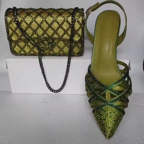 Insightlink Women Olive Green Rhinestone High Heel Shoes and Clutch Purse Diamond High Heels Stilett
