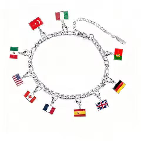 HIPEE 10*6.6mm Country Flag Charms Bracelet Stainless Steel Fashion Jewelry Recording Your Travel Me