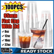 【100pcs】Plastic Cup Disposable 12oz 22oz 16oz Y/U Flat Plastic Cups With Lid Milk Tea Coffee Party