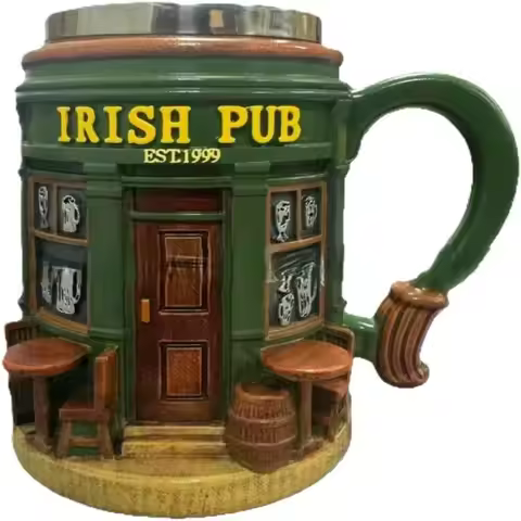 with Handle Irish Pub 3D Novelty Coffee Mug Green Traditional Pub Design Comfortable Ergonomic Handl