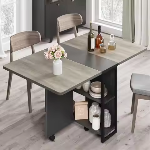 Folding Dining Table, Drop Leaf Dining Table with 6 Wheels and 2Layer Storage Shelf, Space Saving Ki