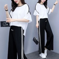 Womens Set 40kg-90kg Large Summer New Wide Leg Pants Casual Womens Pants+Short Sleeve Womens Two Pie