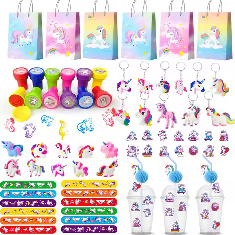 Unicorn Party Favors for Girls,134pcs Party Favors Set-Unicorn Goodie Bags Slap Bracelet Stickers Ke